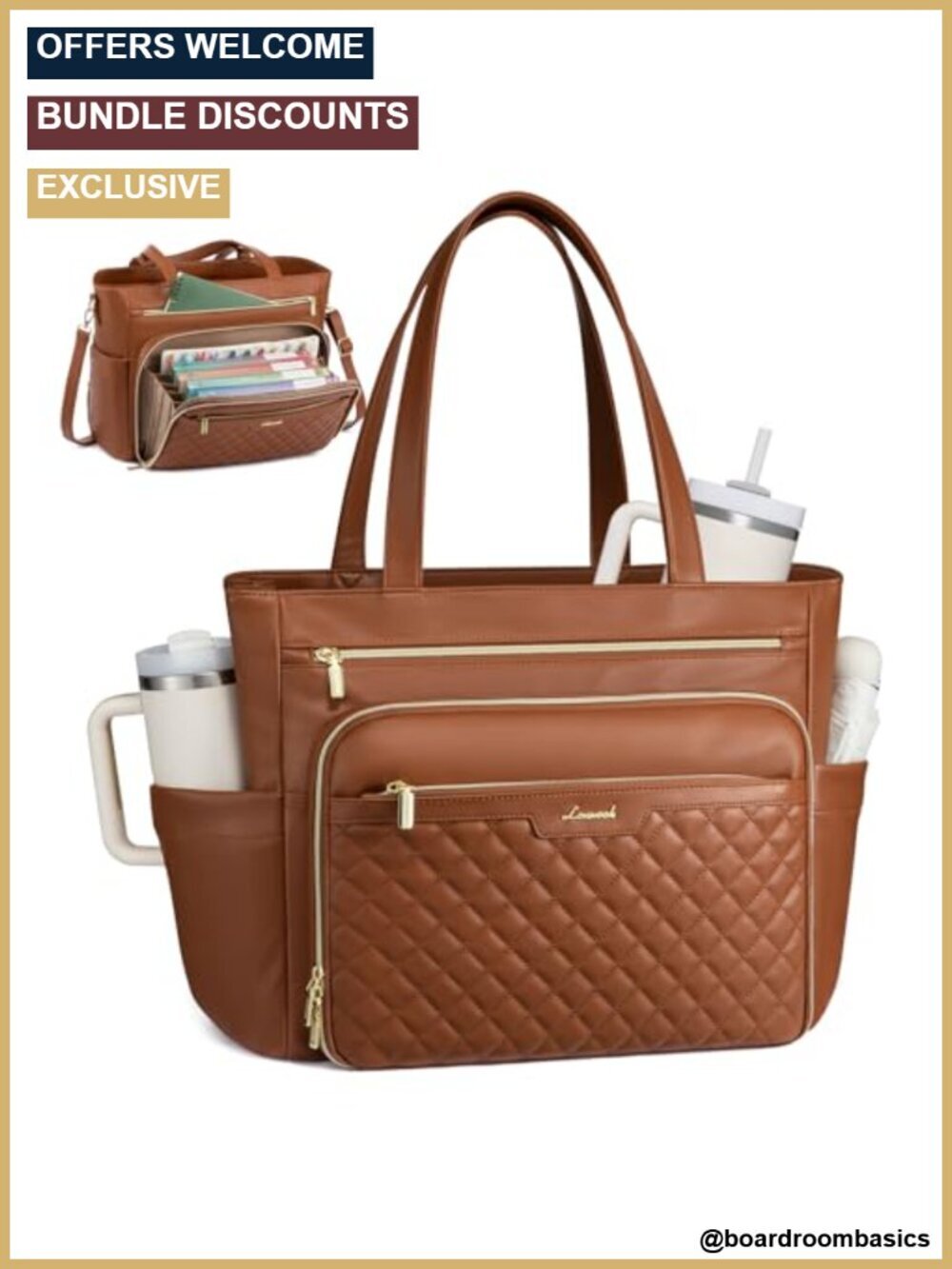 PU Leather Quilted Laptop Tote Bag with Accordion File Pocket and Large Cup